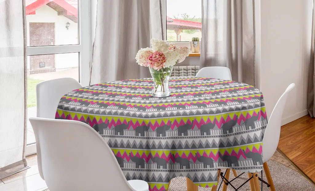 ABAKUHAUS Tovaglia rotonda etnica, elefante geometrico, tovaglia circolare per sala da pranzo, decorazione per cucina, 150 cm, grigio, rosa, giallo