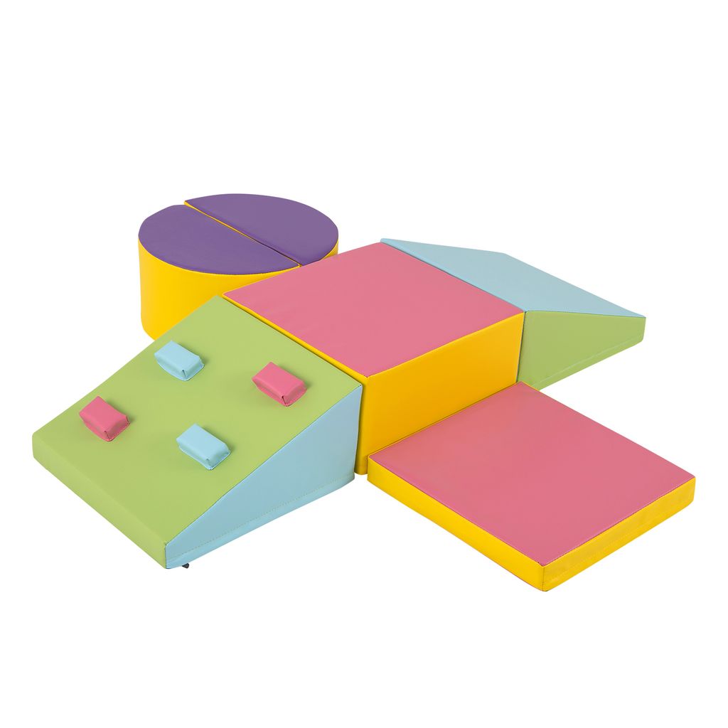 A colorful, multi-piece foam climbing set for children, arranged on a white background.