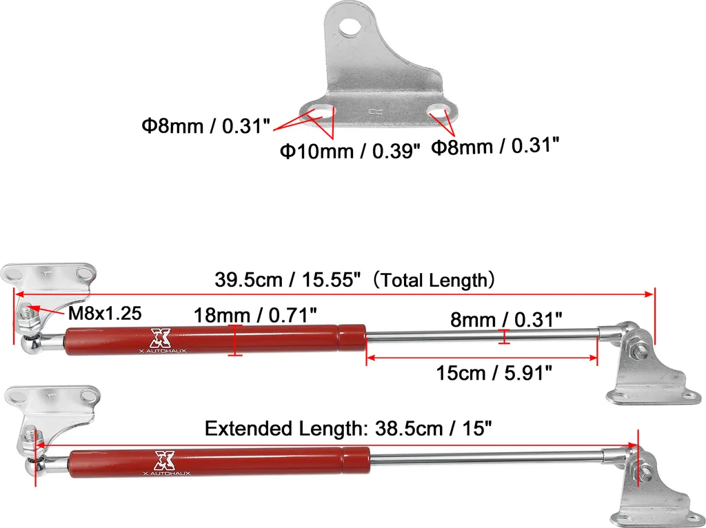 Lot de 2 Vérins Hydrauliques 15 Pouces 200N 20KG Rouge pour Voiture
