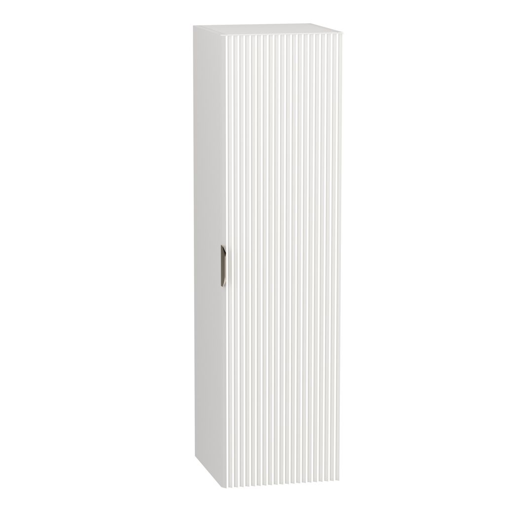 A tall, narrow white cabinet with a ribbed front and a single door.