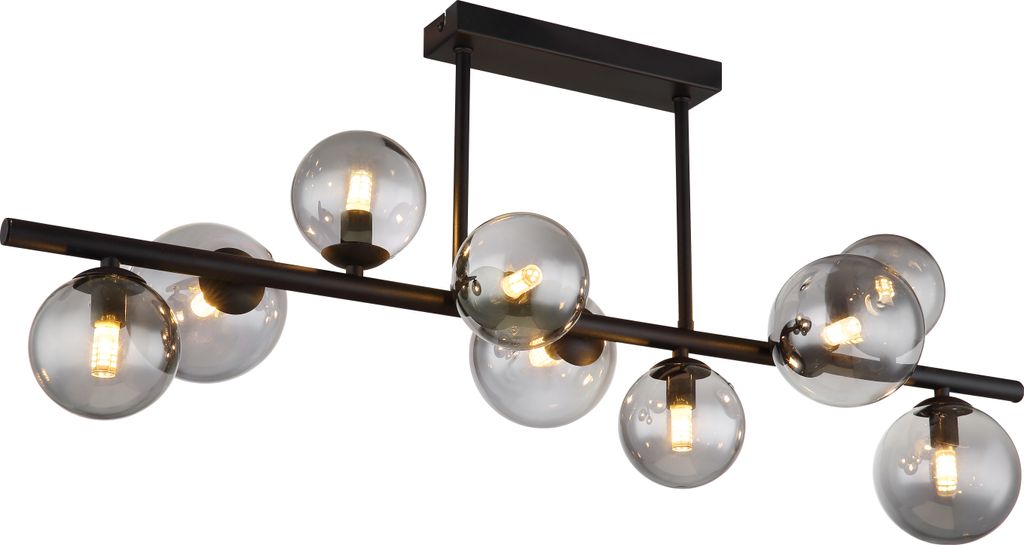 A modern black chandelier with multiple glass globes.