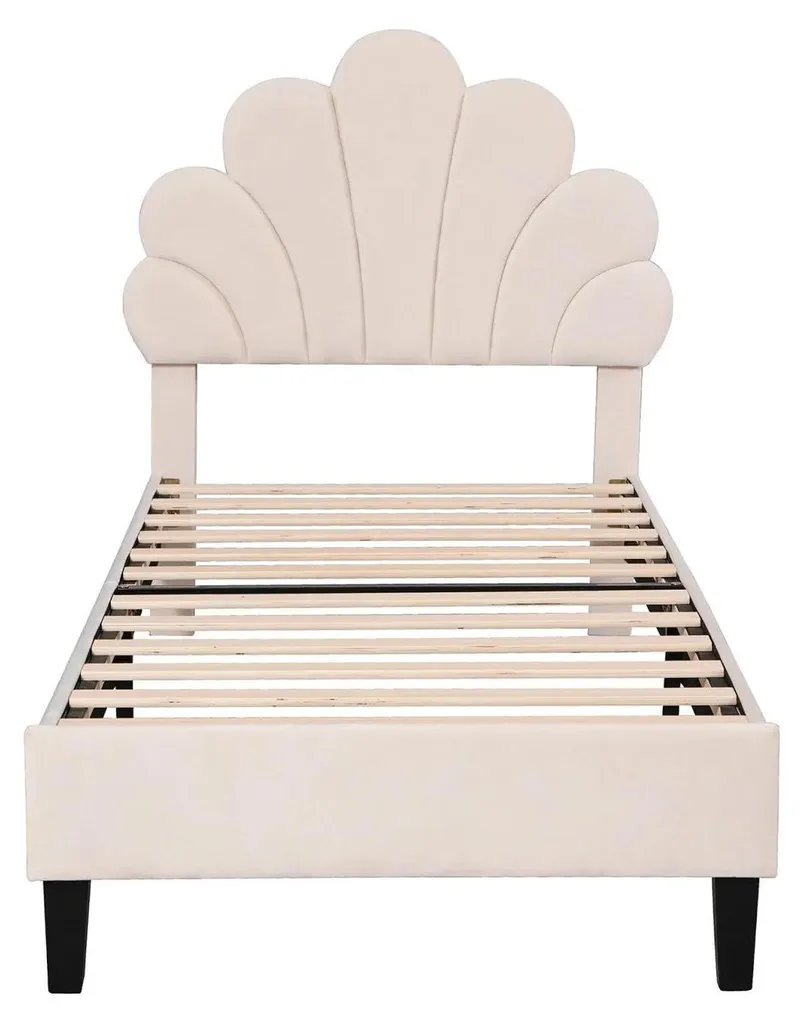 Lit princesse beige 90x200 avec tête de lit réglable et sommier à lattes