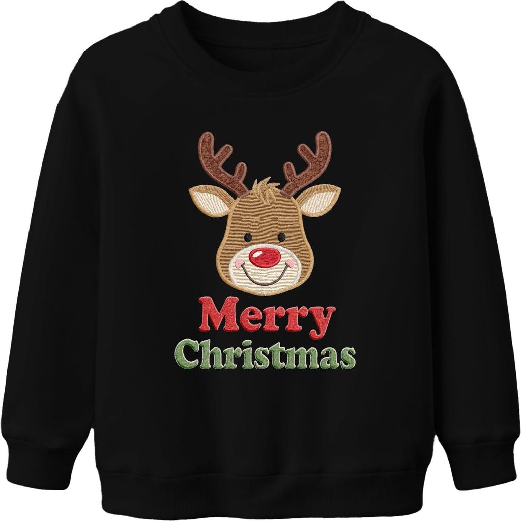 Merry Christmas Rentier Weihnachten Stickerei Bestickt Kinder Uni Kinder Sweatshirt Pullover, Schwarz, 152