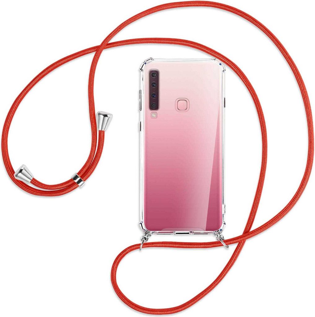 Handykette Backcover-Schutzhülle mit Band (Metall silberfarben) für Samsung Galaxy A9 2018 - rot