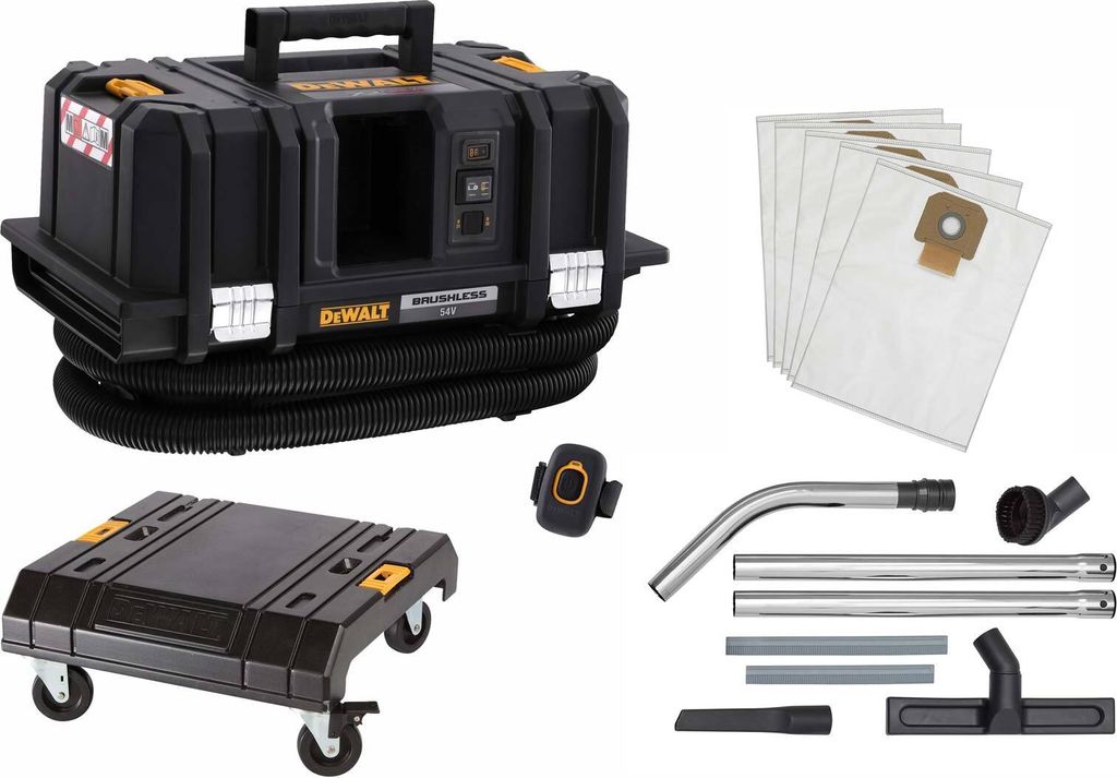 DeWALT Akku-Sauger DCV586MK-XJ FlexVolt M-Klasse BL, Fernbedienung, Saugschlauch, 5 Fleece-Staubbeutel, Bodenreinigungsset, TSTAK-Cart, Rollbrett