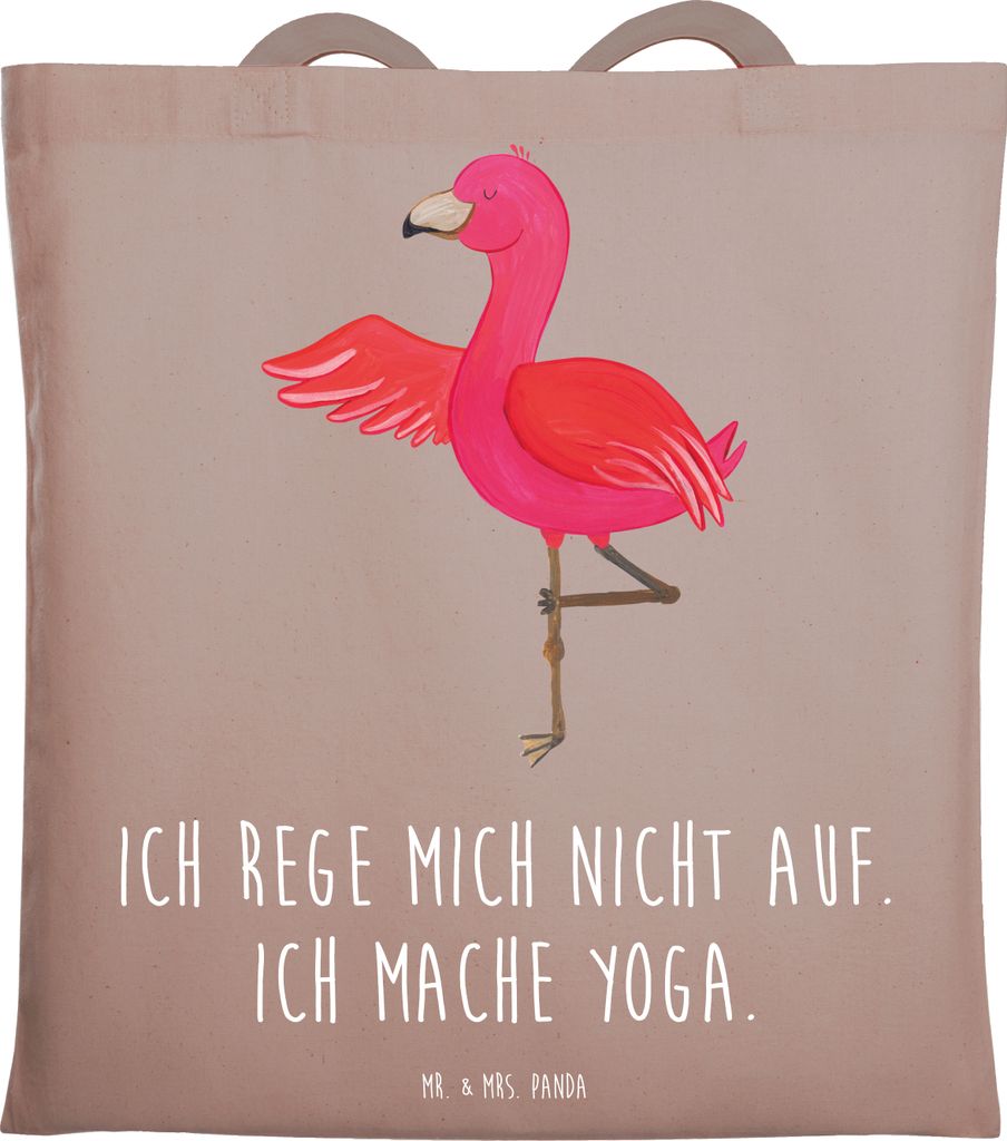 Mr. & Mrs. Panda Tote Bag Flamingo Yoga - Braun Pastell - Geschenk, Tasche, Namaste, Schultasche, Baum, Rosa, dokumententasche, Yogi, Uni, canvas, ...