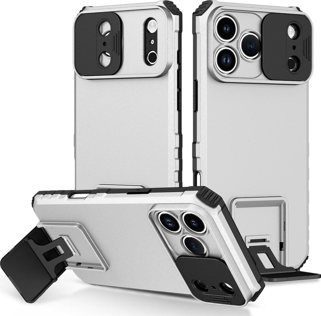 Dual Layer Hülle für iPhone 17 Pro Max Stossfest Robust Ständer Schutzhülle mit Schiebe Kamera Schutz Weiß