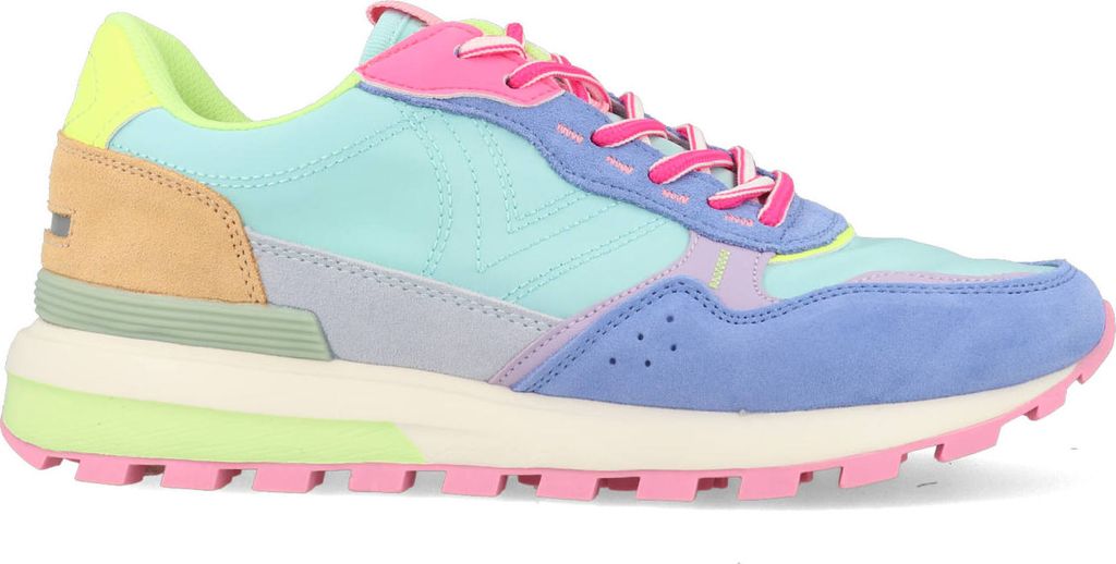 A side view of a colorful sneaker.