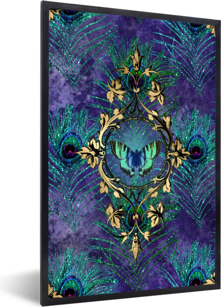 MuchoWow Gerahmtes Poster Schmetterling - Pfauenfeder - Violett 40x60 cm - Poster mit Schwarzem Bilderrahmen Wandposter Rahmen Foto Bilder - Papi...