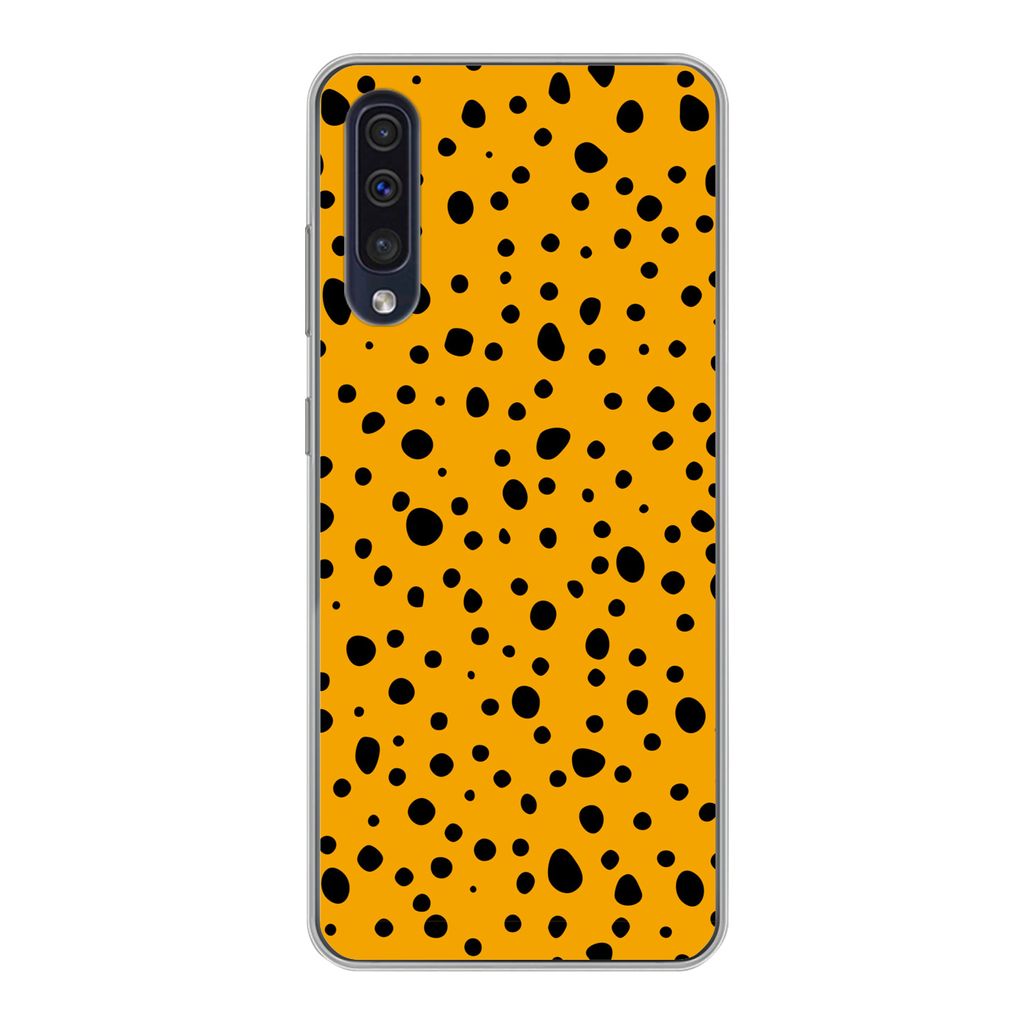 MuchoWow Handyhülle Schutzhülle Hülle für Samsung Galaxy A30s Polka dots - Orange - Schwarz Silikon Softcase Handy Hülle - Karteninhaber