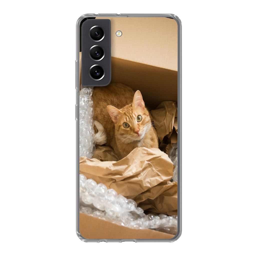 MuchoWow Handyhülle Schutzhülle Hülle für Samsung Galaxy S21 FE Katze - Box - Rot Silikon Softcase Handy Hülle - Mobiltelefonhülle