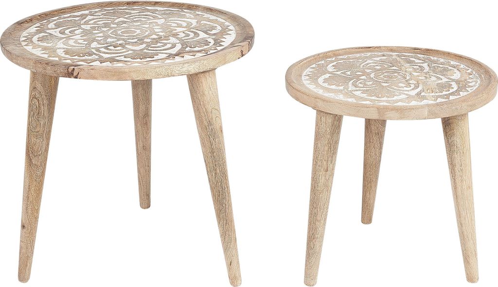 BELIANI Beistelltisch 2er Set Hellbraun und Weiß Mango Holz Rund Dreibeinig Handgefertigt Handverziehrt Boho Couchtisch Wohnzimmer Ausstattung Möbel