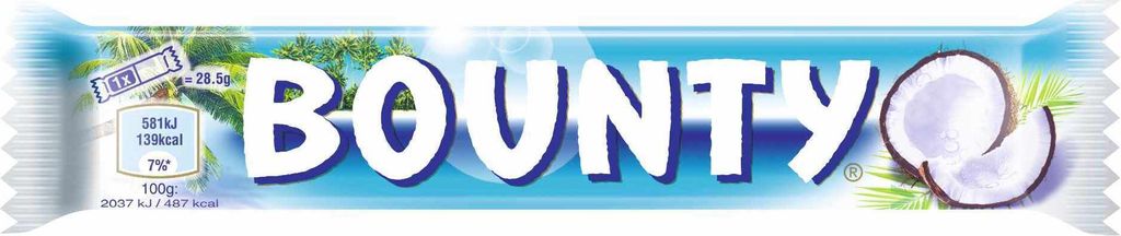 A Bounty chocolate bar wrapper with tropical imagery and nutritional information.