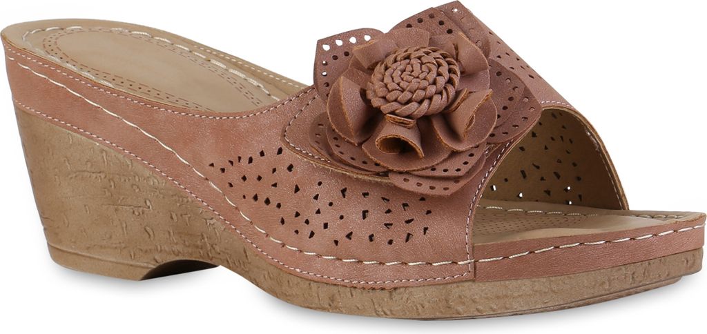VAN HILL Damen Pantoletten Sandaletten Bequeme Blumen Komfort Schuhe 841616, Farbe: Altrosa, Größe: 41
