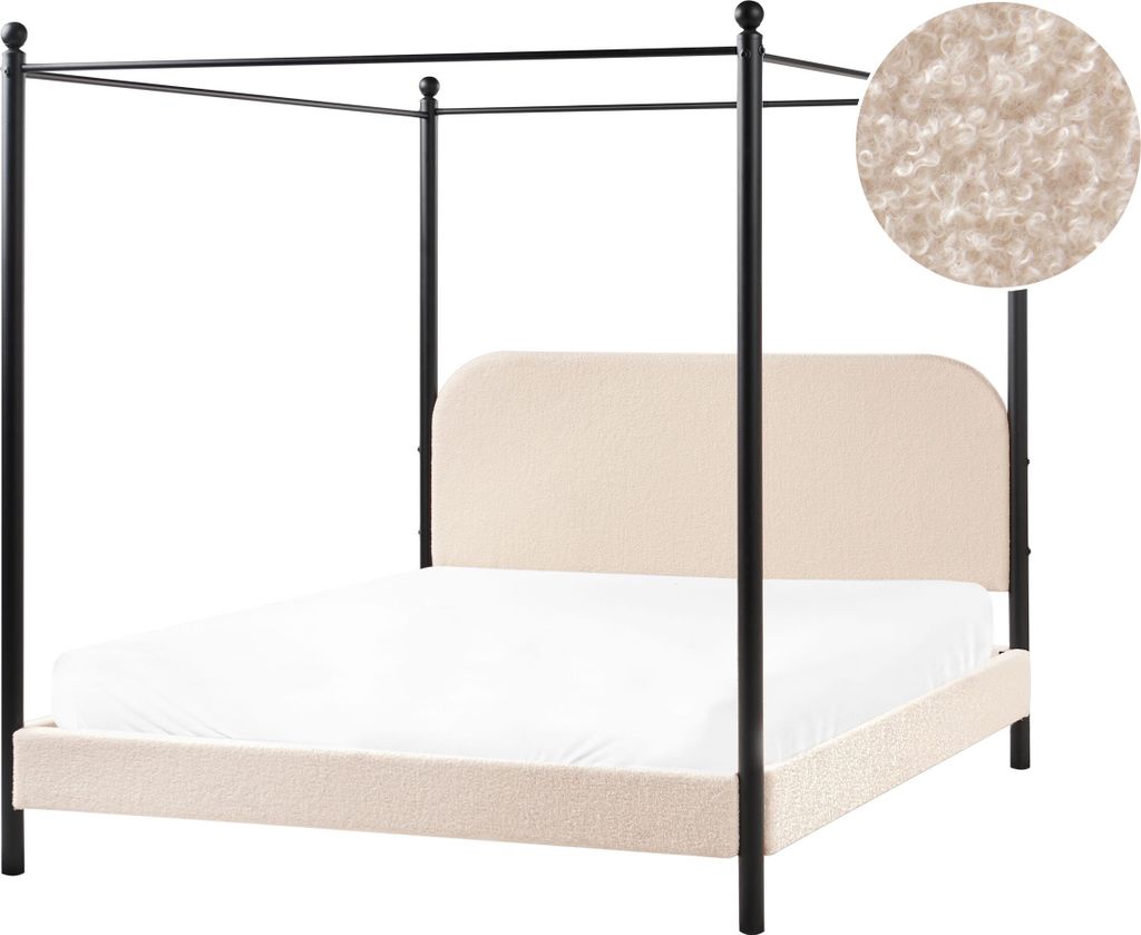 BELIANI Himmelbett Beige Bouclé-Stoffbezug u. Metall mit Lattenrost 160x200 cm Hohes Kopfteil Modernes Design Doppelbett mit Baldachin Himmel