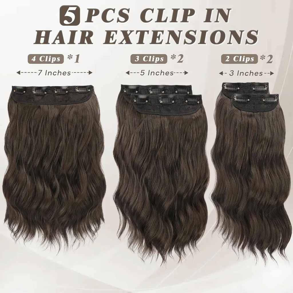 Extensions cheveux 35cm ondulé brun système 5 clips pose invisible
