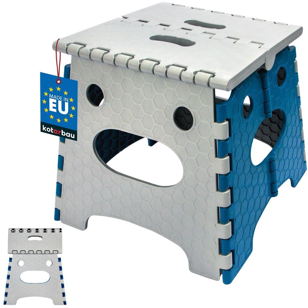 KOTARBAU Tritthocker klappbar 27 cm Klappstuhl Sitzhocker Klapphocker Rutschfest & Standsicher Tragbar Haushaltshelfer aus Kunststoff Grau + Blau