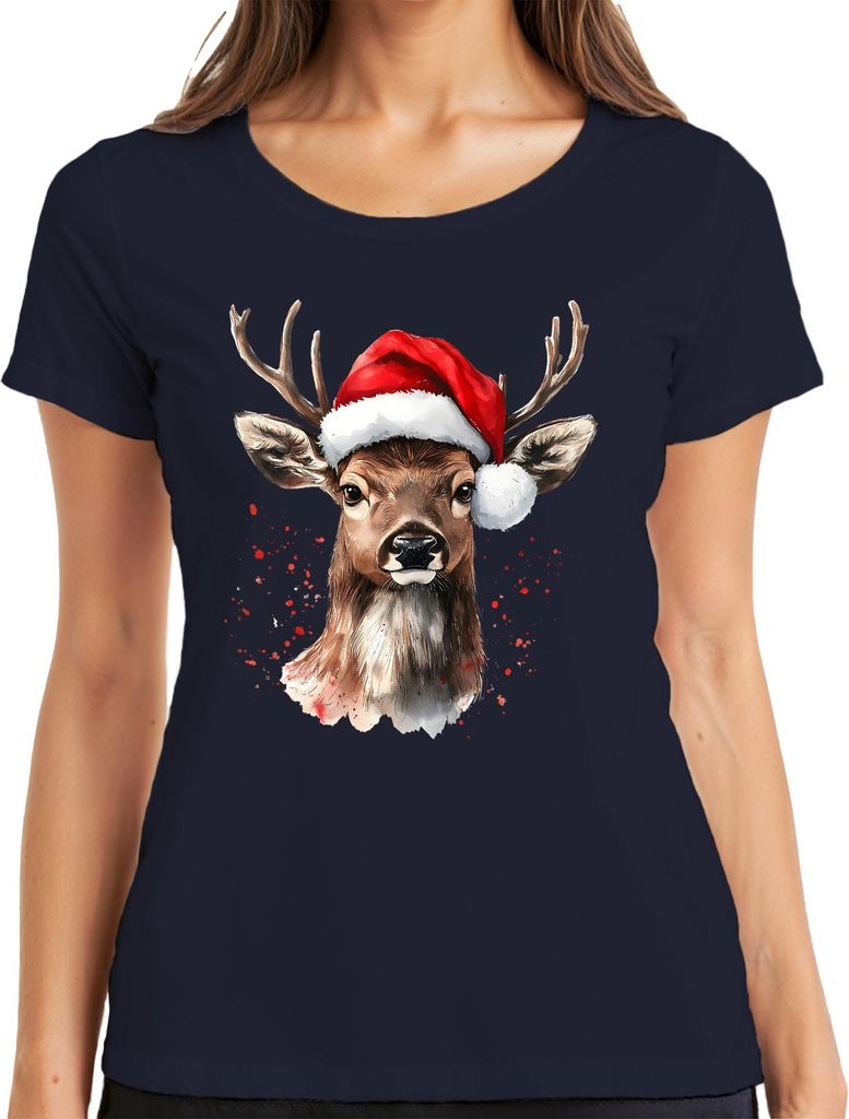 Rentier Santa Hut Weihnachten Aquarell Splatter Geschenk Retro Damen T-Shirt, Navy, M