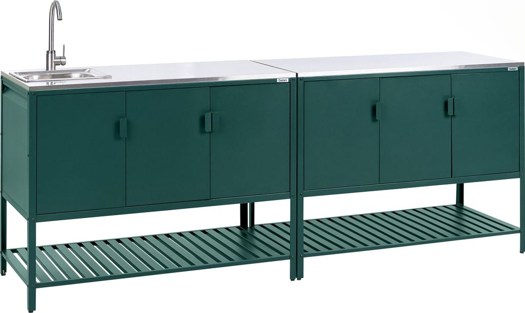 BELIANI Outdoor-Küche 2er Set Grün Stahl mit Spüle Edelstahlplatte Modern Gartenküche Outdoor-Küchenmöbel Kücheninsel für Garten Draußen