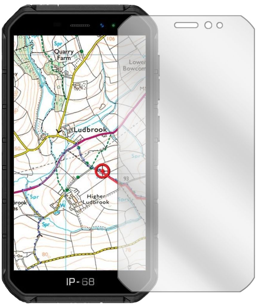 A rugged smartphone displaying a map, with a screen protector placed next to it.