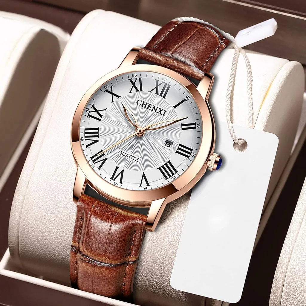 Oidea Orologio Uomo Pelle Morbida, Quadrante Rotondo Numeri Arabi, Quarzo, Analógico, Marrone, Regalo Compleanno/Laurea