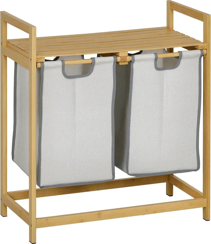 Panier à linge en bambou avec 2 sacs amovibles et tablette 64x33x73 cm