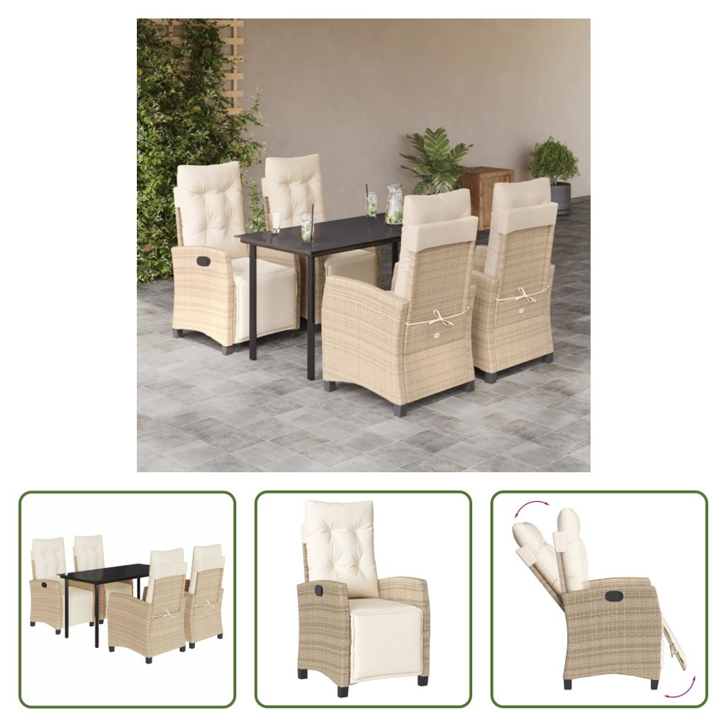 The Living Store 5-tlg. Garten-Essgruppe mit Kissen Beige Poly Rattan