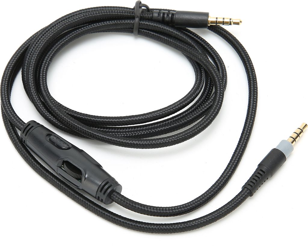 A black audio cable with 3.5mm connectors and a volume control.