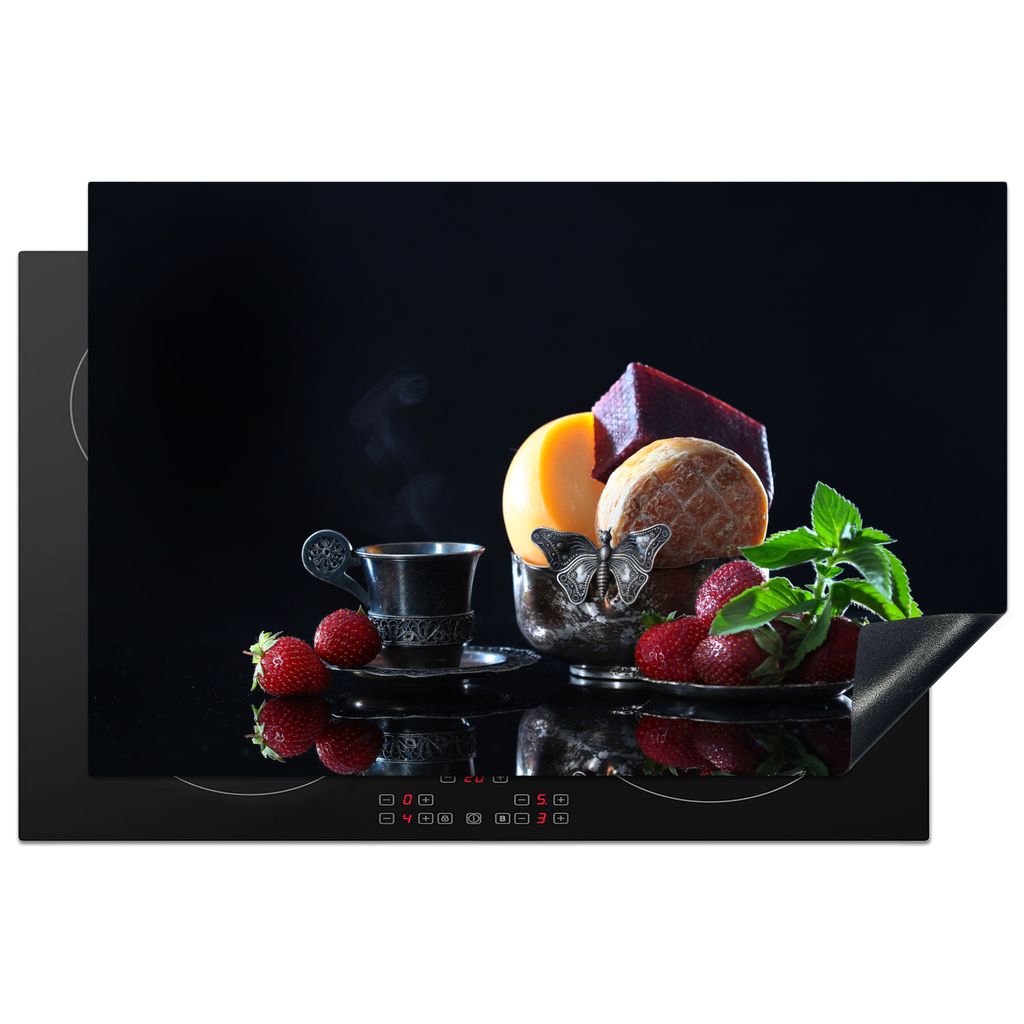 KitchenYeah Herdabdeckplatte Rustikal - Obst - Käse - Tisch - Stilleben , 80x52cm, Küche Deko, Glaskeramikkochfeld Herdabdeckung, Abdeckplatte ...