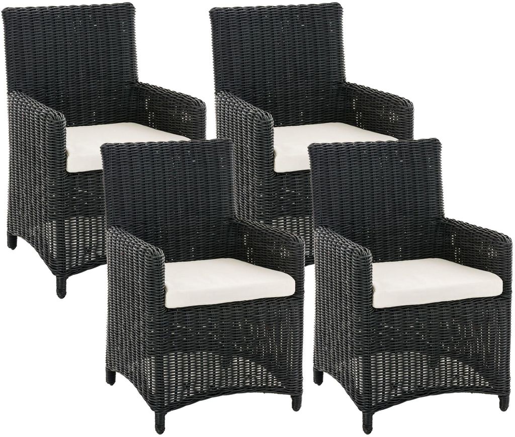 CLP Gartenstuhl 4er Set Fontana, Polyrattan Gartenstühle, Hochlehner mit Sitzkissen schwarz Polsterfarbe Cremeweiß
