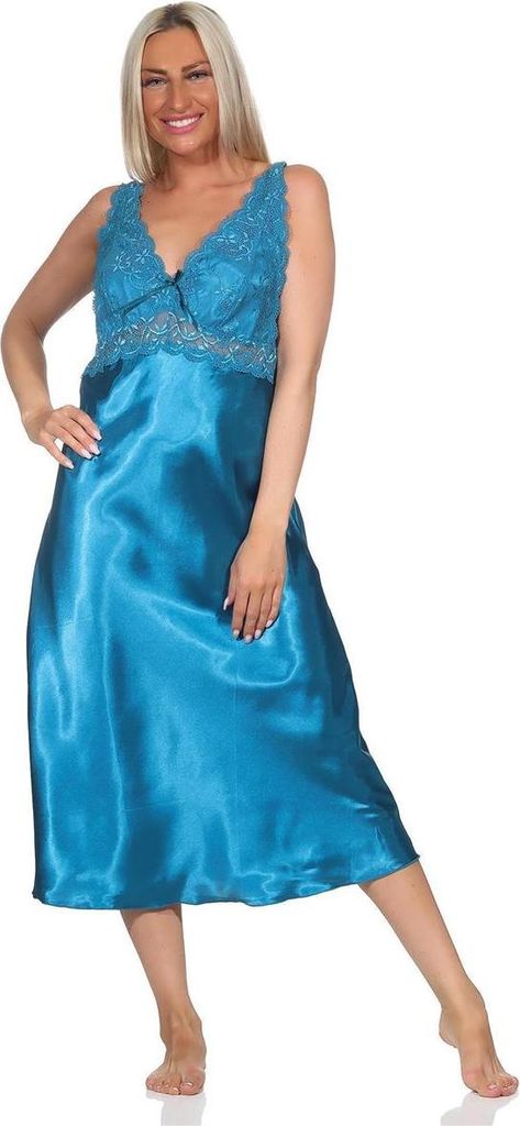 Damen Negligé Satin Nachtkleid Reizwäsche mit Spitze; Petrol/M
