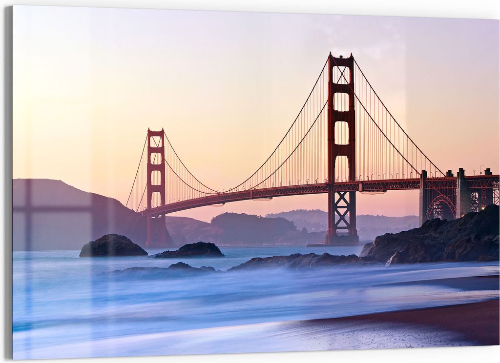 DEQORI Glasbild Echtglas 90x60 cm 'Morgenrot Brücke' Wandbild Bild modern Deko