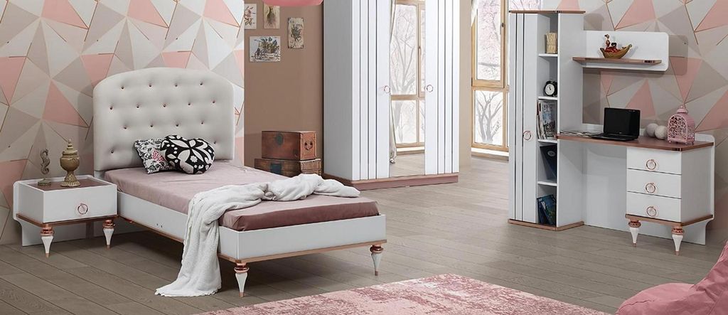 Set Bett Nachttisch Schreibtisch Modern Elegant Weiß Design Kinderzimmer 3-tlg