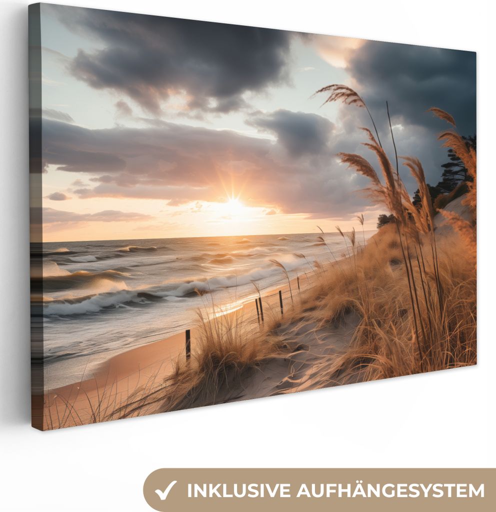 MuchoWow - Leinwandbilder - Strand - Dünen - Meer - Sand - Hochgras, Wandbild, Wanddeko Bilder Wohnzimmer, 60x40 cm