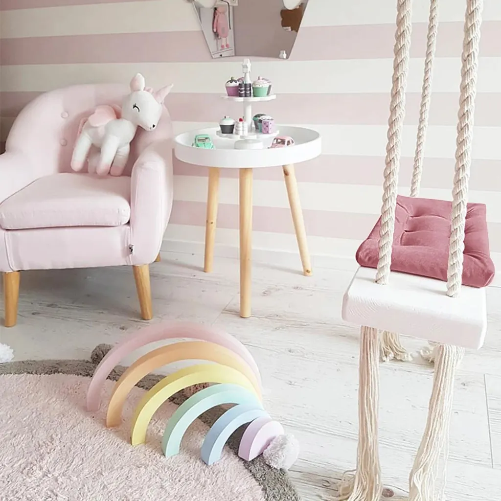 Balançoire de chambre en planche bois et assise textile rose poudré - 12