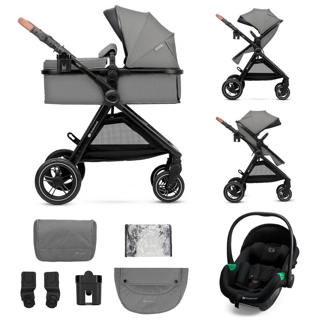 A collage of images showing a stroller and its accessories, including a car seat and a bassinet.