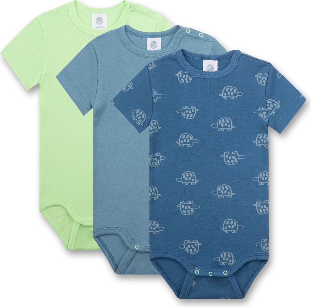 Sanetta 3er Pack Baby Body kurzarm Blau und Grün Schildkröte und unifarben