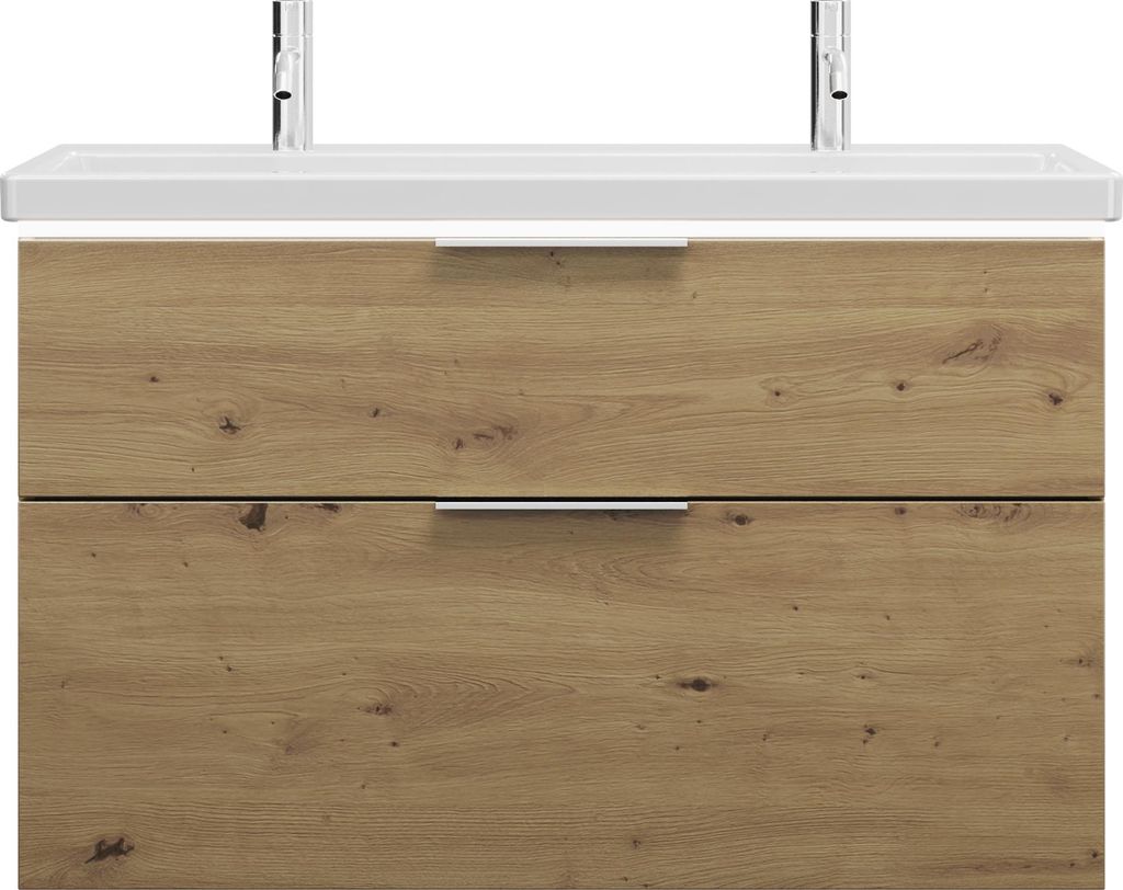 burgbad Eqio Keramik-Waschtisch mit 2 Armaturbohrungen, inklusive Waschtischunterschrank mit LED-Beleuchtung, Breite 1030mm, SEZB103F5662C0001G0146
