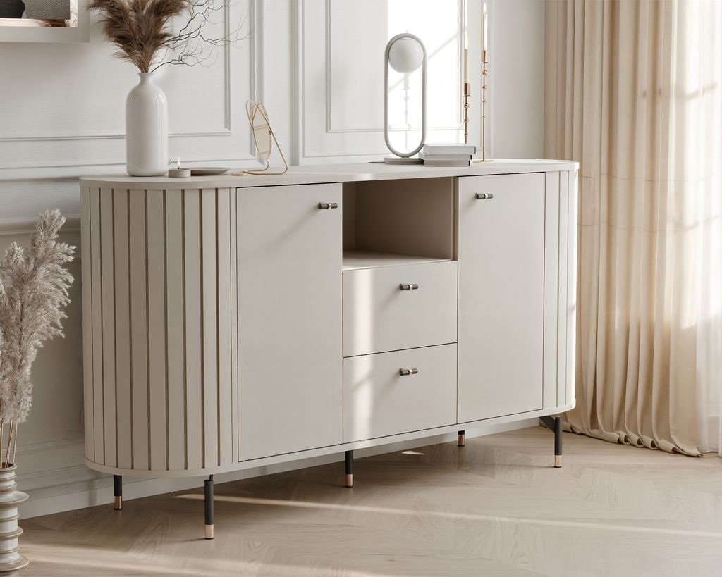 Geriffelte Kommode SENTO 190 cm mit 3 Schubladen 2 Türen Modernes Design Zweitürige Sideboard Funktionell und geräumig Kaschmir