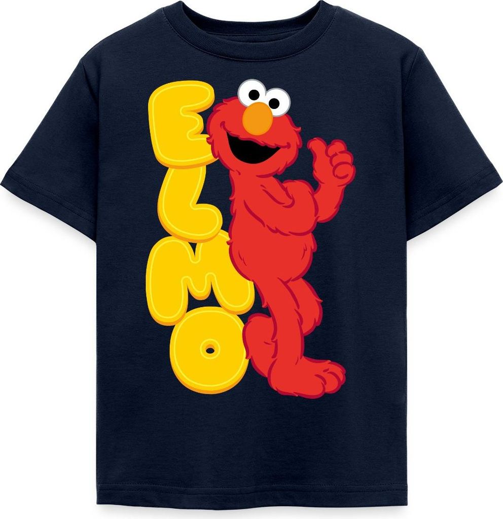 Spreadshirt Sesamstraße Elmo Mit Schriftzug Kinder T-Shirt, 122/128 (7-8 Jahre), Navy