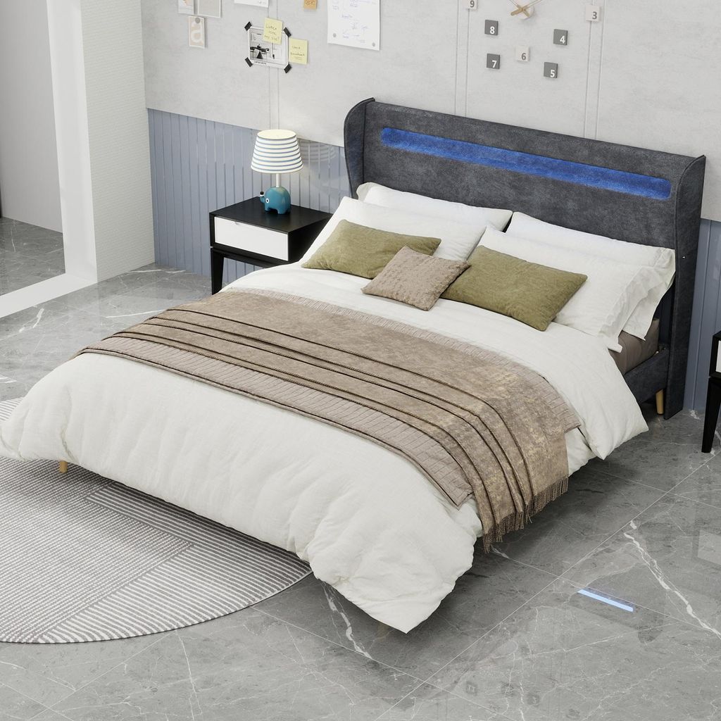 MODFU Modernes Polsterbett 160x200 Flachbett mit farbwechselnder LED-Beleuchtung und Kopfteil,Schlafzimmermöbel Doppelbett mit mehreren Stützen,m...