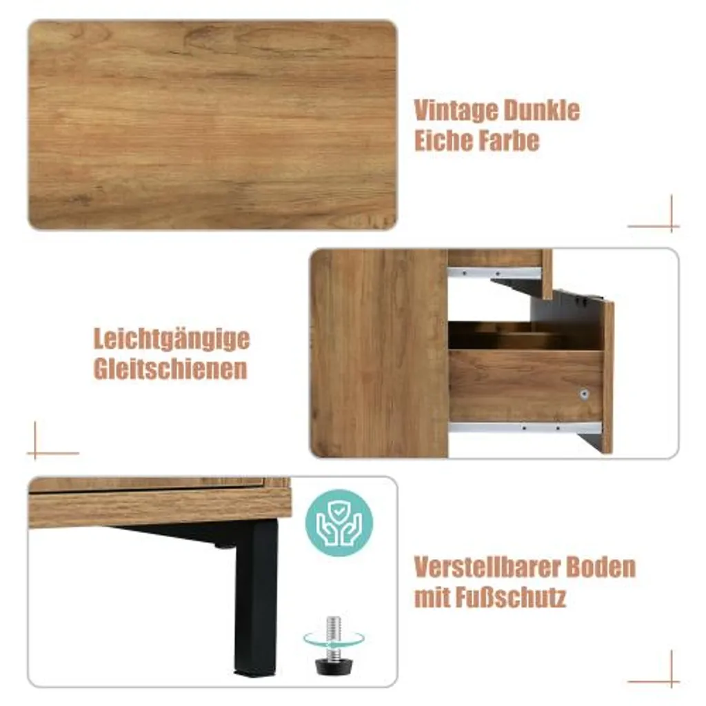 Buffet bas 6 tiroirs AIORBER, Meuble de Rangement Industriel Chêne Foncé