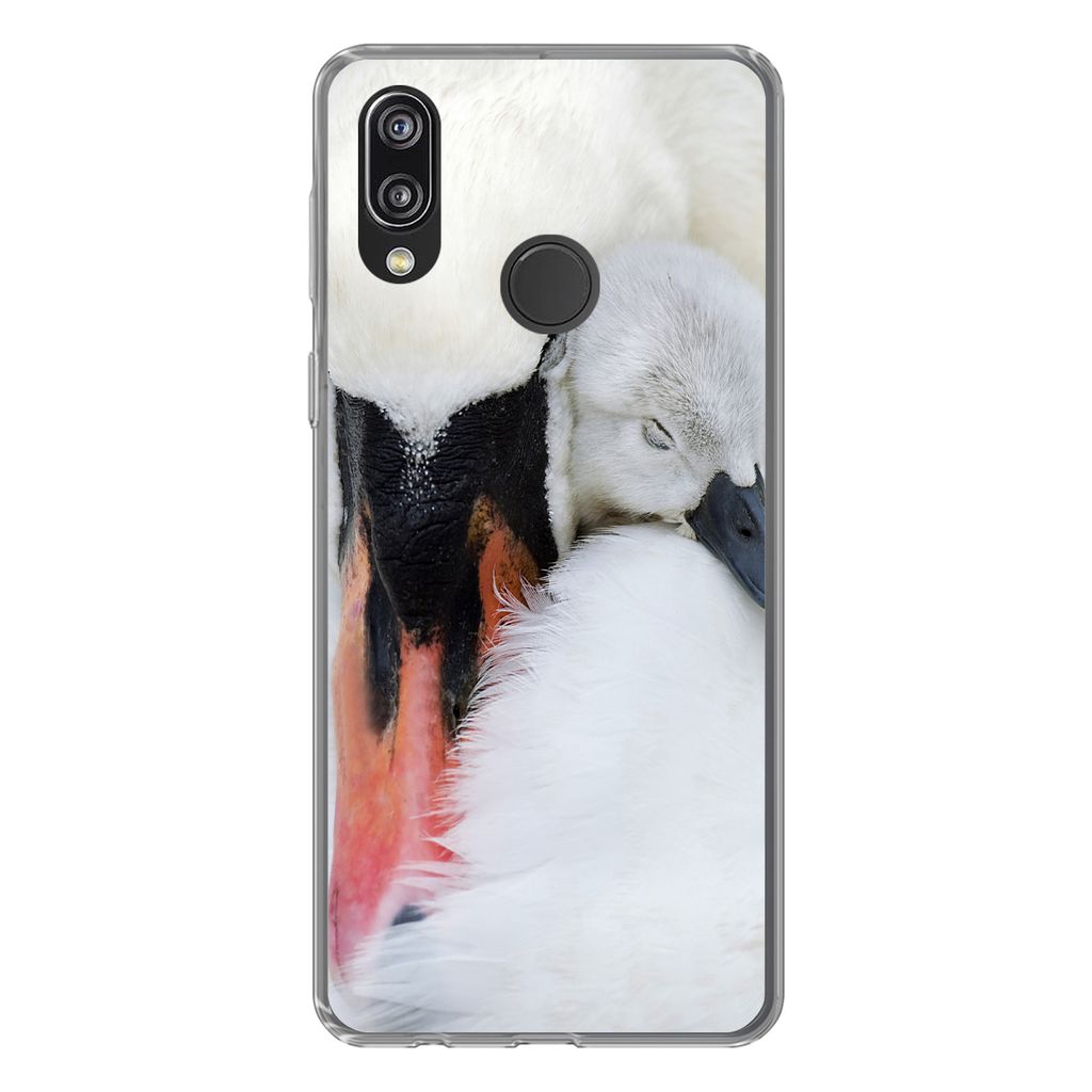 MuchoWow Handyhülle Schutzhülle Hülle für Huawei P20 Lite (2020) Nahaufnahme eines Schwans mit Jungen Silikon Softcase Handy Hülle - Kartenh...