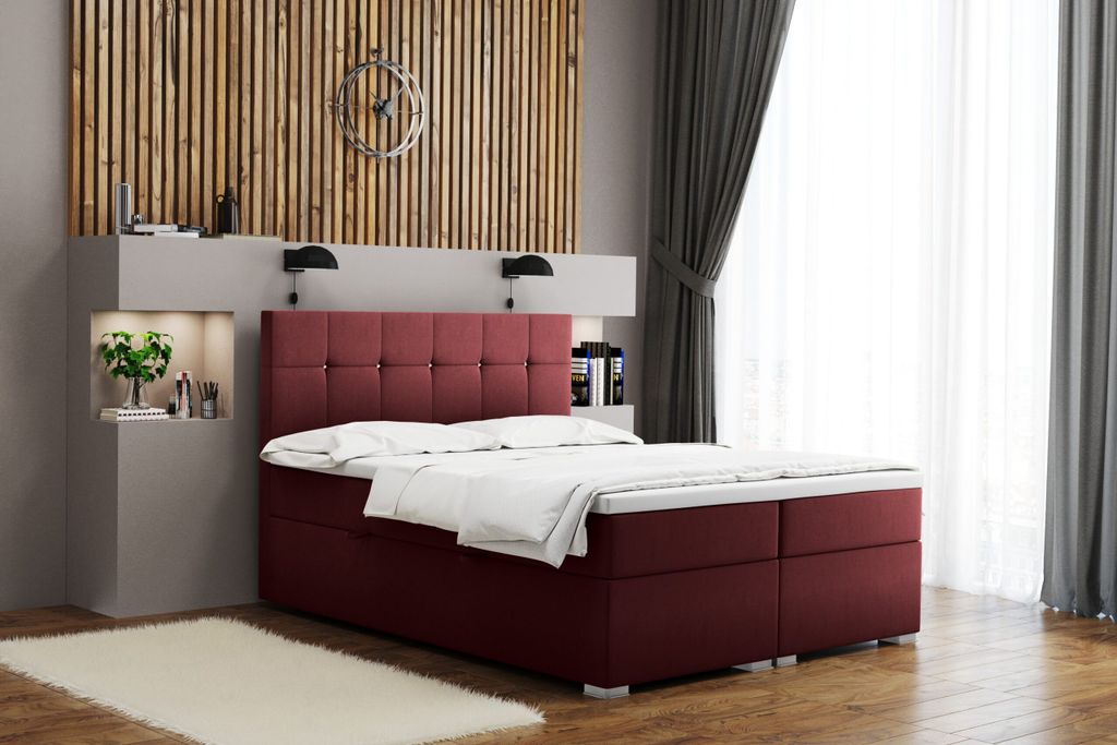 Boxspringbett mit matratze und bettkasten, Schlafbett LINDT stoff Velvet Rotwein 200x200 cm