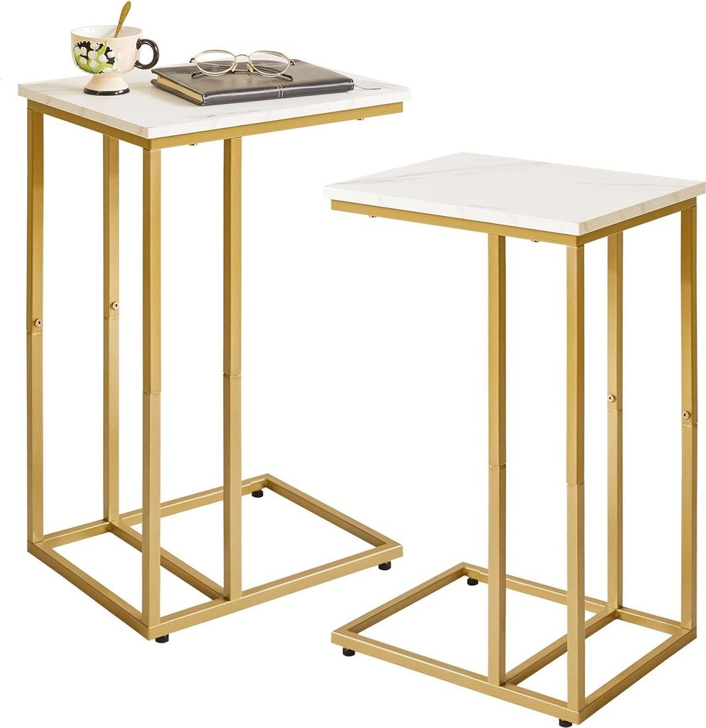 C-förmige Beistelltischset - modern und multifunktional - 2 Stück - Kunstmarmor und Gold - 40,6 x 30,5 x 63,5 cm