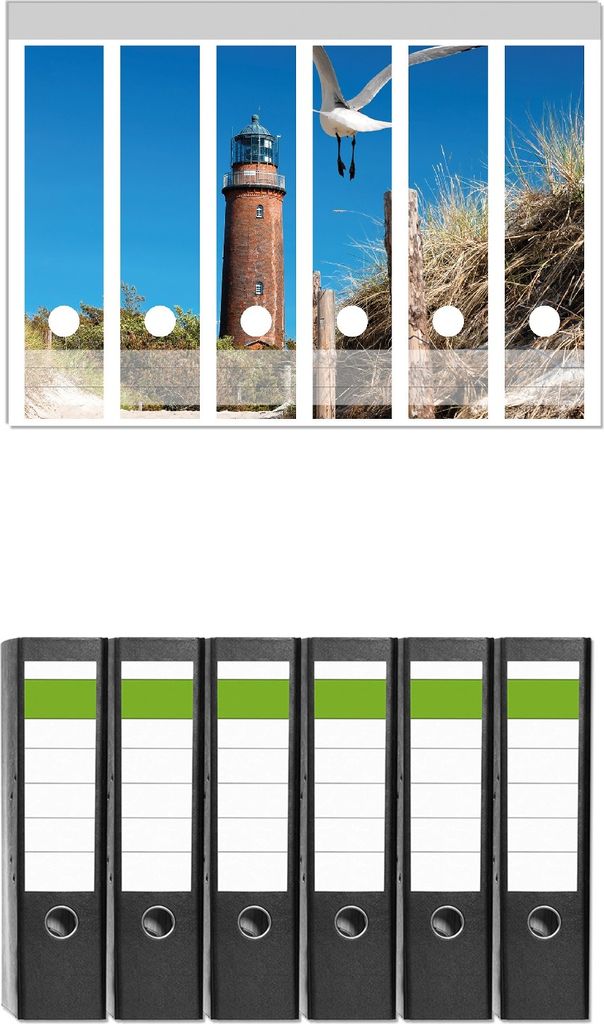 Wallario 6 Stück breite Ordner inkl. Klebeetiketten mit Motive Möwe am Strand mit Leuchtturm - Set mit Rückenschildern / Ordnerrücken Stickern