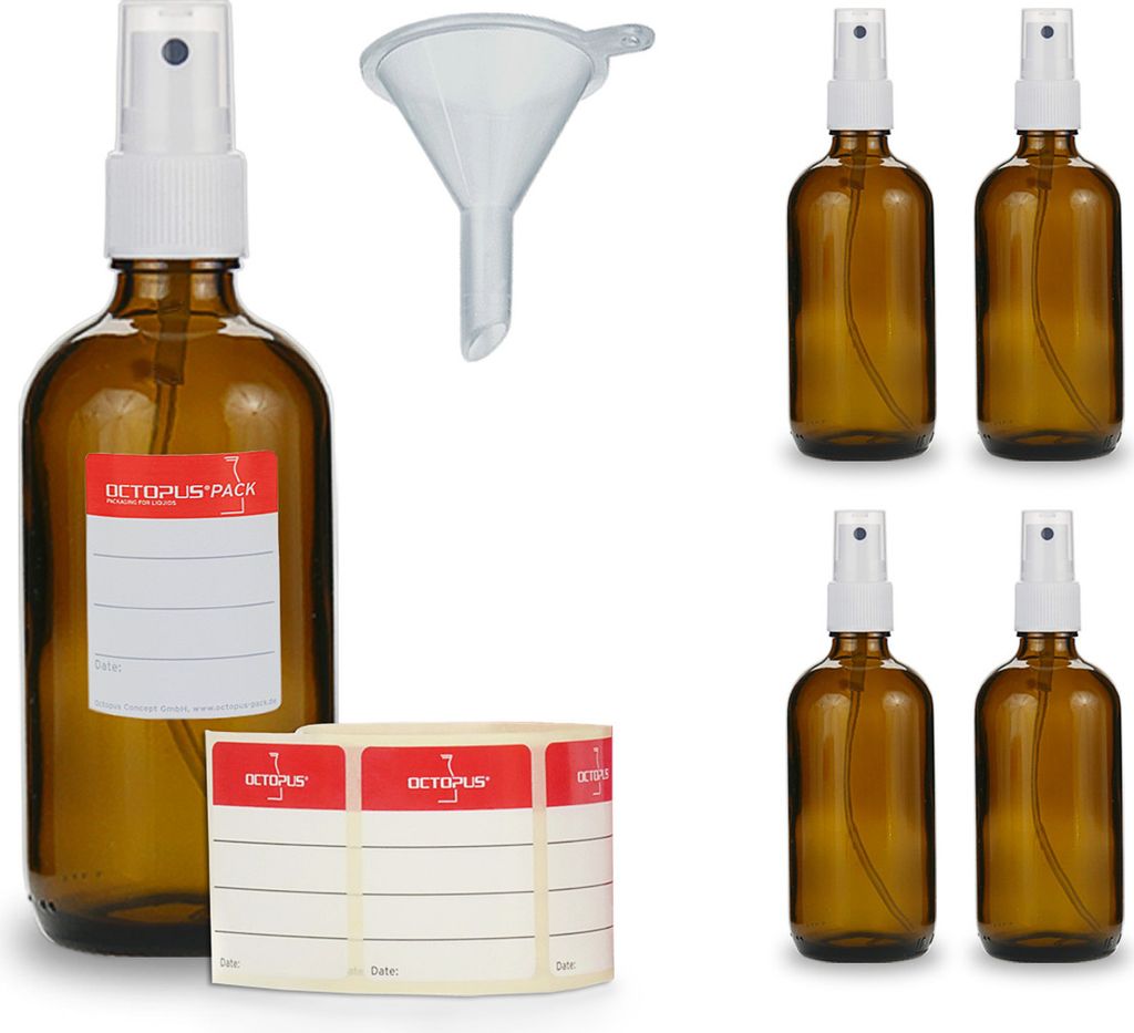5 Braunglasflaschen 100 ml, G18, Fingerzerstäuber PP, Mini-Trichter