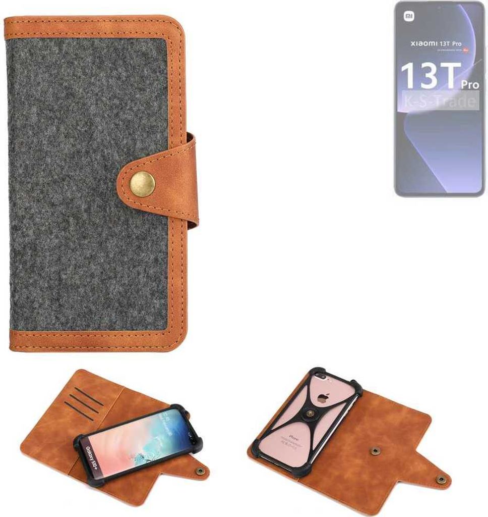 K-S-Trade Schutzhülle Handyhülle kompatibel mit Xiaomi 13T Pro Filz Hülle Kunst-Leder dunkelgrau braun (1x)