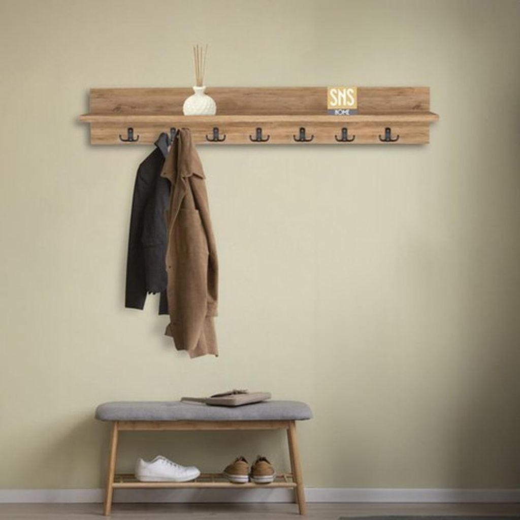 Wandgarderobe mit Ablage 14 Haken Garderobenleiste aus MDF und Metall 106 cm