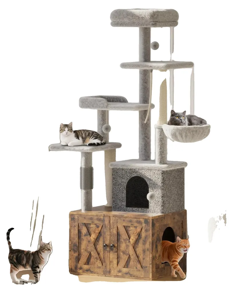 Arbre à chat gain de place avec meuble litière pour petit appartement